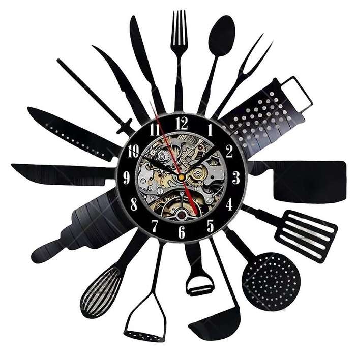 Cutlery Vinyl Record Wall Modern Design Spoon Fork Decorative Clock