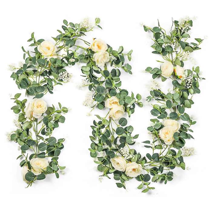 2 Pack Eucalyptus Garland with Champagne Rose, Silk Floral Vines(a)