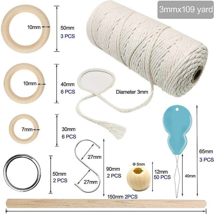 Macrame Cotton Cord 3mm with Macrame Beads Wooden Rope Rod with Hooks
