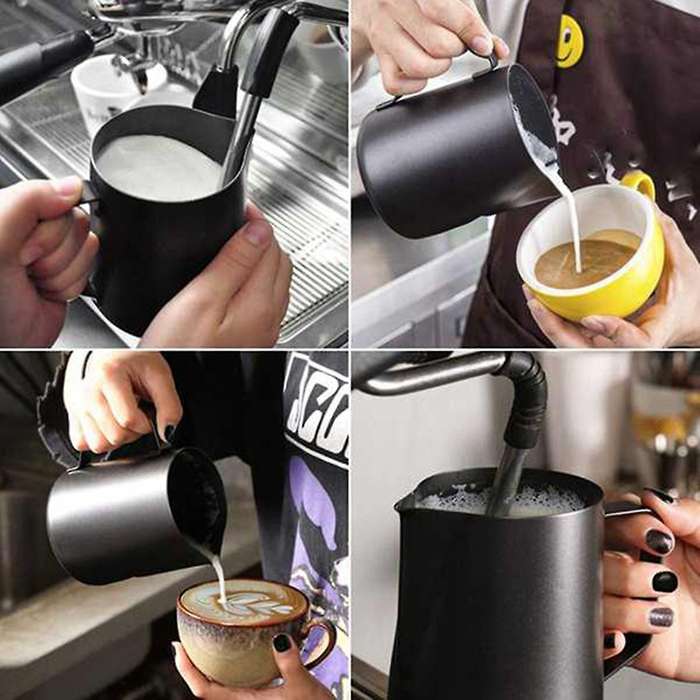 Stainless Steel Milk Frothing Pitcher 12oz with Cappuccino Stencil