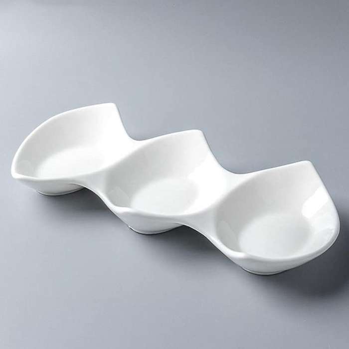 Double-pointed Triple Bowl Ceramic Snack Bowl Hotel Restaurant White
