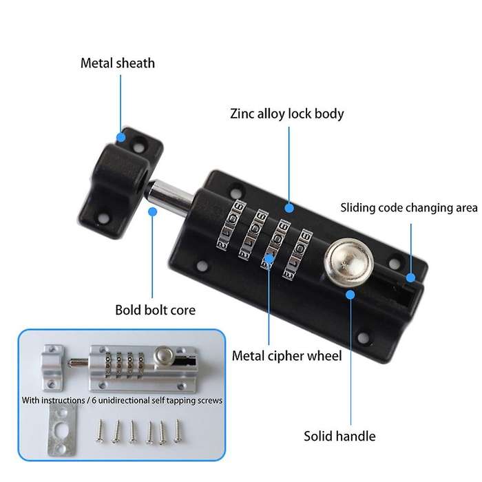 Password Lock Silver Bolt Metal Door Latch Anti-theft Safety