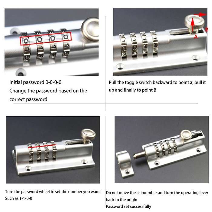 Password Lock Silver Bolt Metal Door Latch Anti-theft Safety