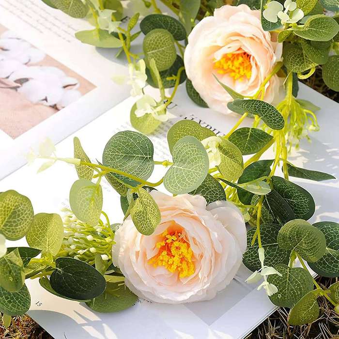 2 Pack Eucalyptus Garland with Champagne Rose, Silk Floral Vines(b)