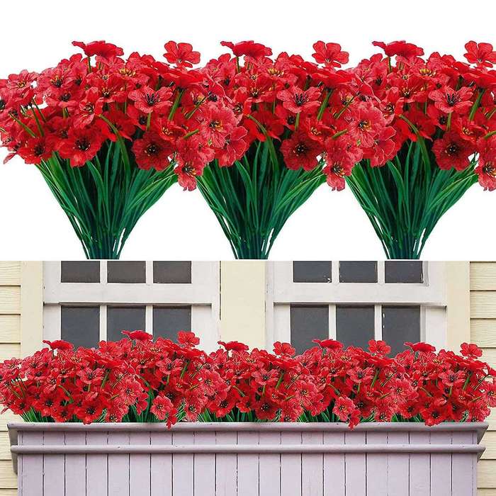 16 Pcs Bundles Artificial Flowers for Garden Porch Window Box Red