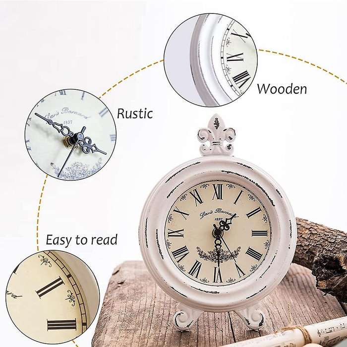 Vintage Table Clock Wood Small White Desk Clock Battery Operated