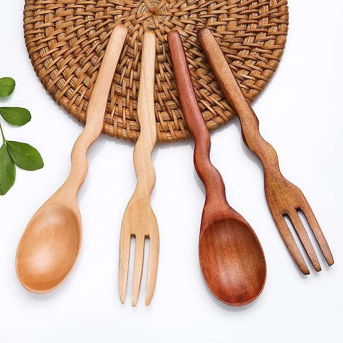 Wooden Handle Tea Spoon Wavy Shape Wood Fork Dessert Restaurant
