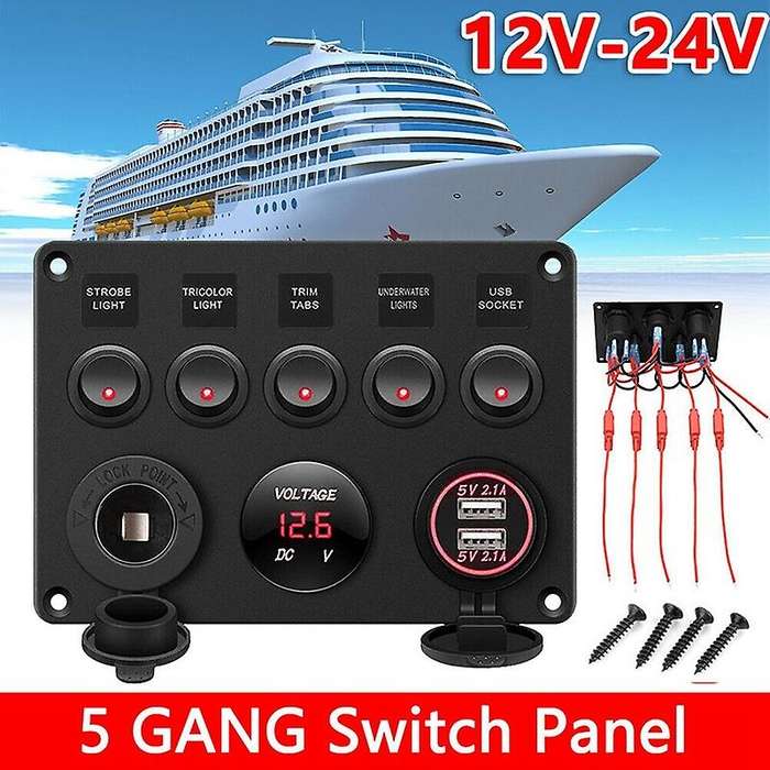 5 Gang Red LED Light Rocker Switch Panel Console 12V Car Boat Marine RV (Red)