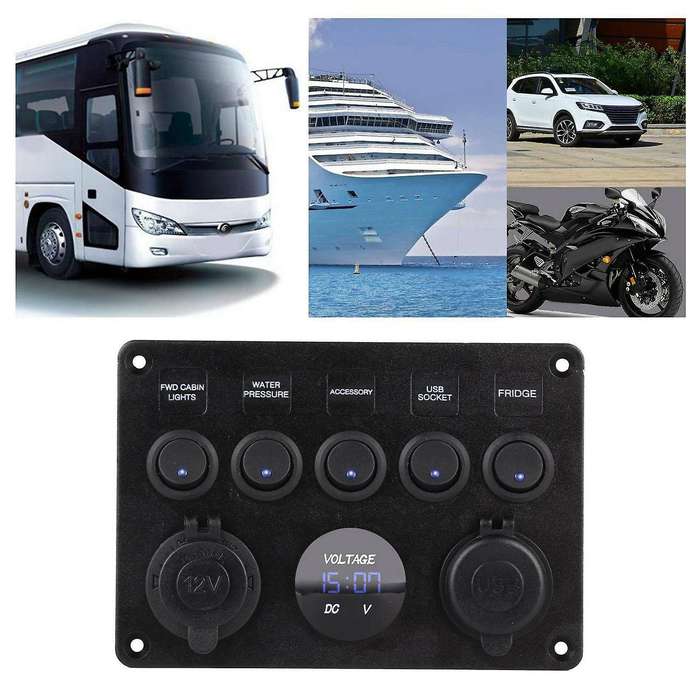 5 Gang 12v/24v Inline-fuse Box Led Switch Panel Dual Usb Car Boat Truck