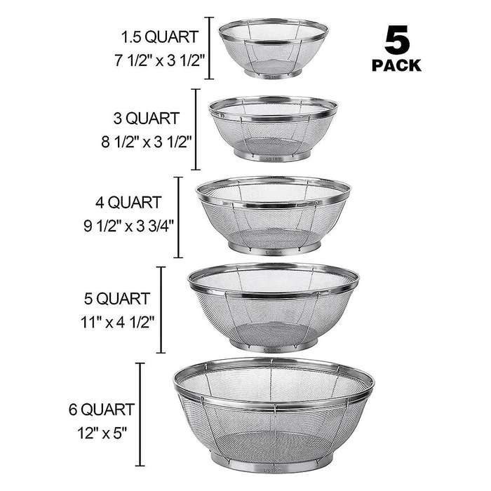 5 Pack Strainers for Kitchen, Stainless Steel Colander, Fine Mesh Strainer for Pasta, Rice and Fruit