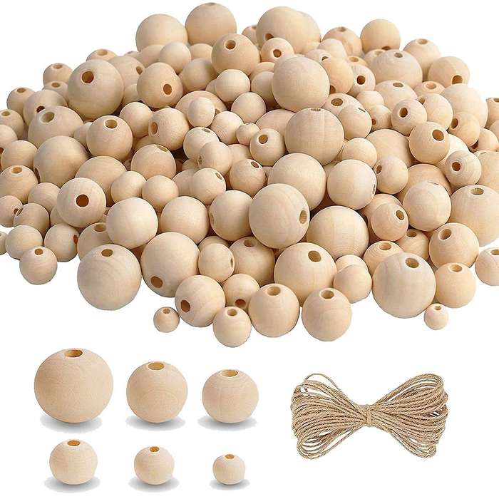 500Pcs Wooden Beads with Twine for Crafts,Different Sizes Wood Beads for Making DIY Wood Bead Garlan
