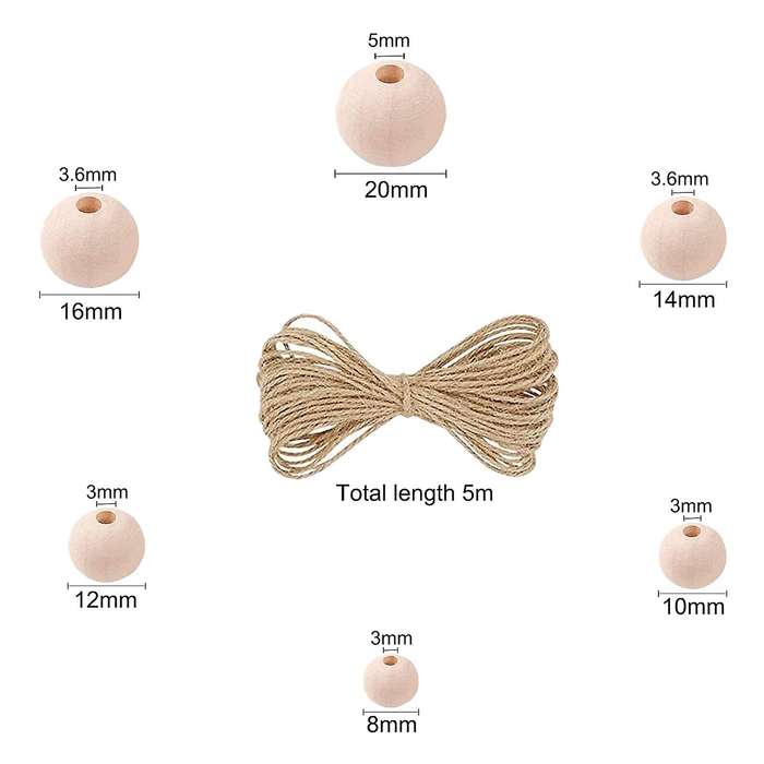 500Pcs Wooden Beads with Twine for Crafts,Different Sizes Wood Beads for Making DIY Wood Bead Garlan