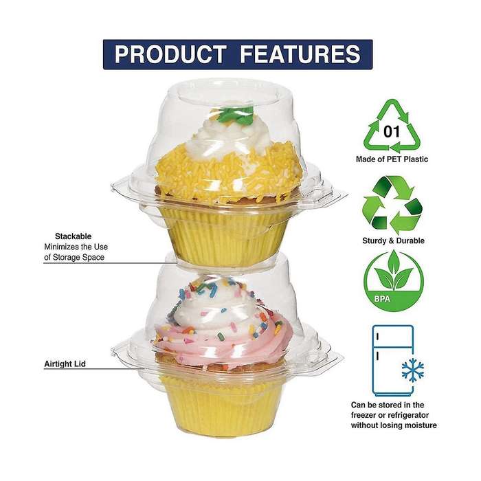50-pack Individual Cupcake Containers, Stackable Single Compartment Disposable Carrier Holder Box W
