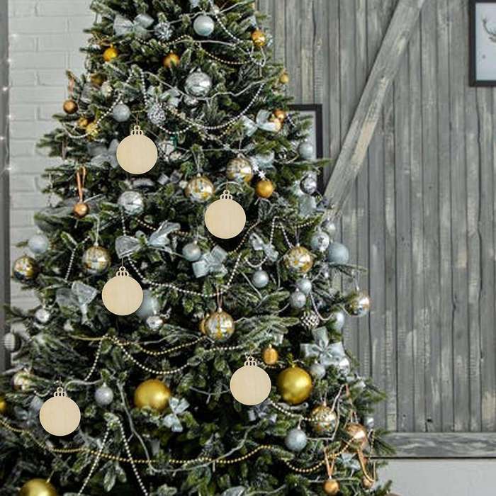 50pcs Diy Craft Wooden Round Bauble with 50pcs Twines to Paint, Unfinished Christmas Hanging Ornamen