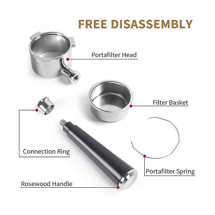 51mm Portafilter 3 Ears, Stainless Steel,51mm Bottomless Portafilter with Wood Handle and Filter Ba