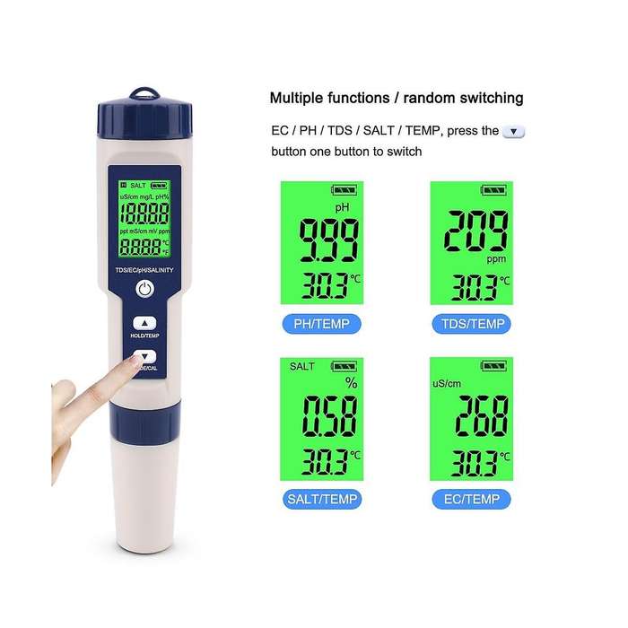 5-in-1 Digital Water Quality Tester TDS/EC/PH/Salinity/Temperature Meter for Pools Aquariums Drinkin