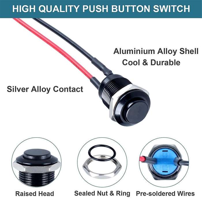 5pcs 12mm Latching Push Button Switch High Round Head with Pre-soldered Cable Aluminium Alloy 1no W