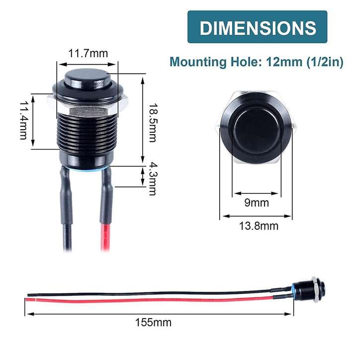 5pcs 12mm Latching Push Button Switch High Round Head with Pre-soldered Cable Aluminium Alloy 1no W