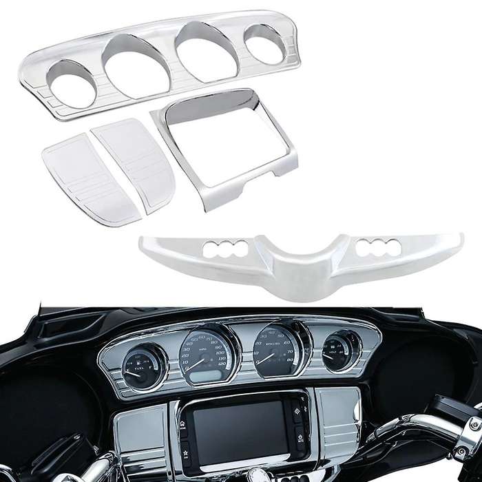 5Pcs Chrome Inner Fairing Tri-Line Gauge Stereo Bezel Trims Panel