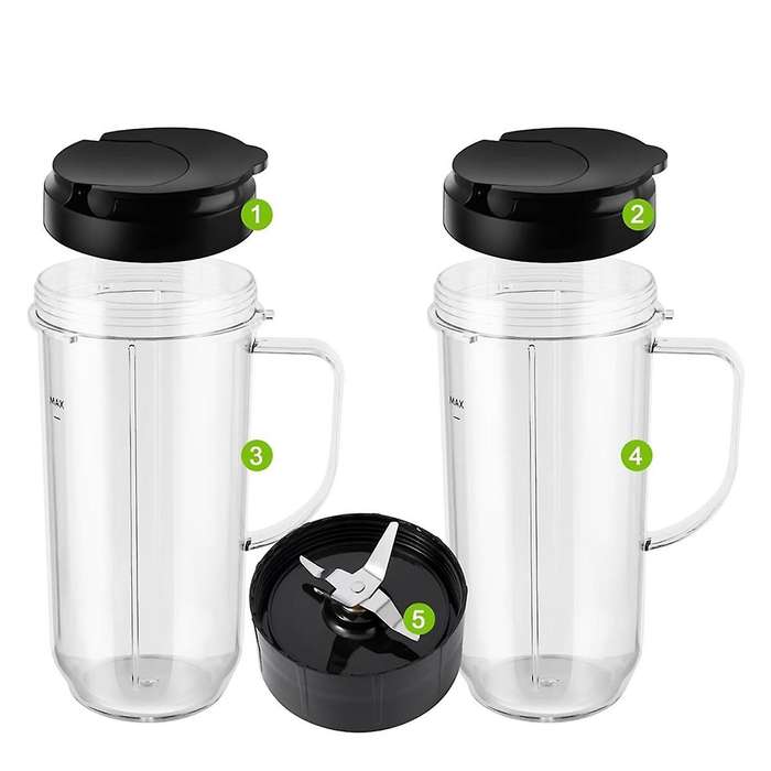 5-Piece for Blender Cups, Tall 22oz Cup with Flip-Top To-Go Lid, Blade, Blender Replacement Parts