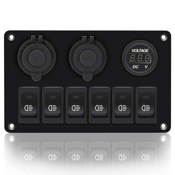 6 Gang Rocker Switch Panel ON/OFF Lights Dual USB Ports Car Marine Circuit Breaker DC 12V/24V LED Di