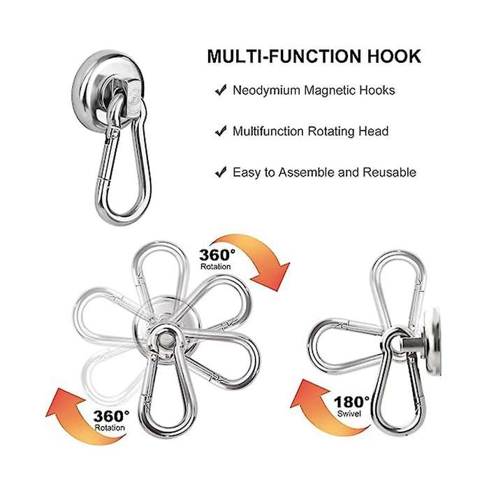 6 Pack Magnetic Hooks,heavy Duty Neodymium Magnetic Hooks with Swivel Carabiner Hook,silver