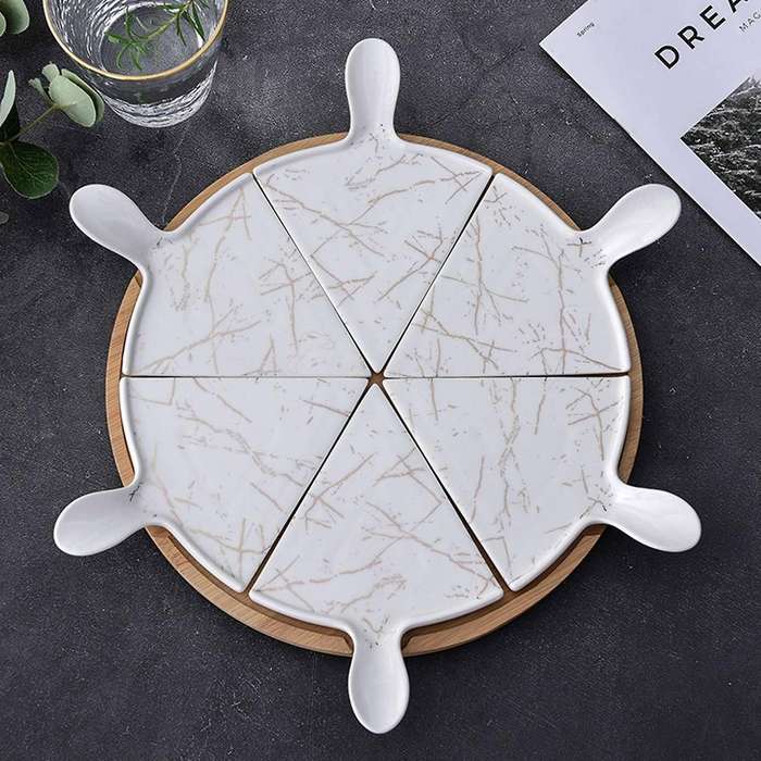 6 PCS Luxury Ceramic Pizza Tray with Rotating Base Household Round Cake Dessert Flat Plate Hotel Tab