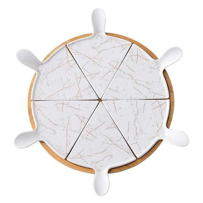 6 PCS Luxury Ceramic Pizza Tray with Rotating Base Household Round Cake Dessert Flat Plate Hotel Tab