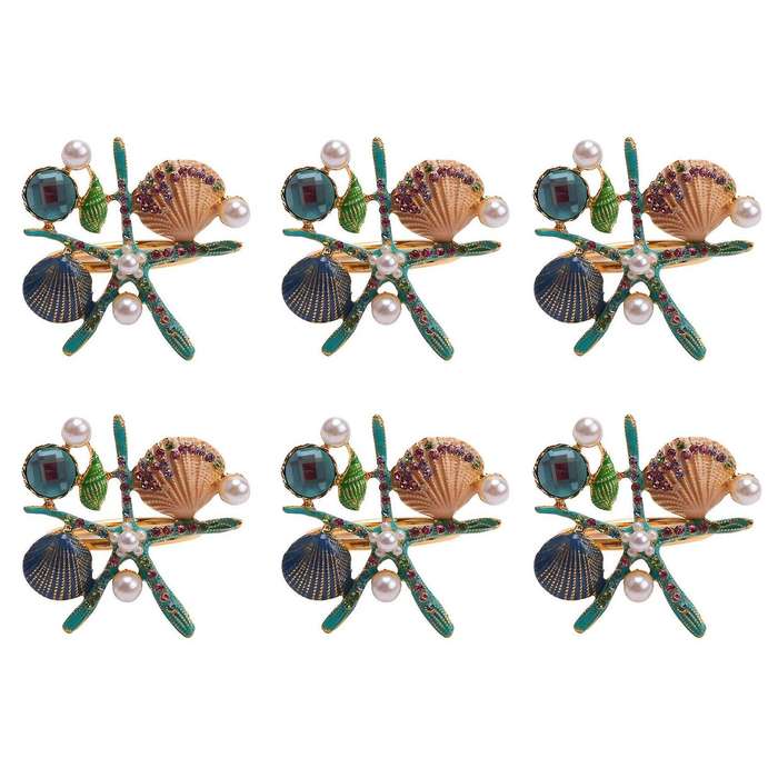 6 Pcs Starfish Napkin Rings,pearl Rhinestone Ocean Coastal Nautical Napkin Ring Holders Napkin Buck