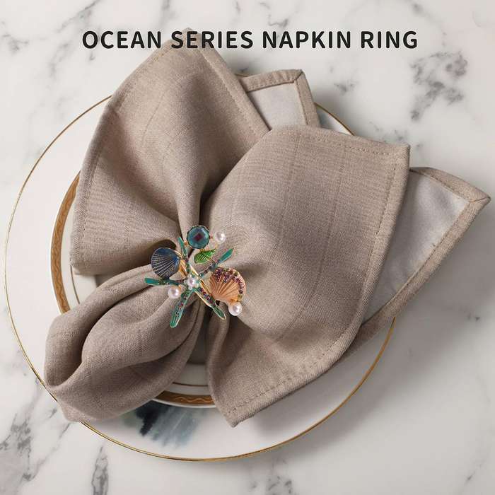 6 Pcs Starfish Napkin Rings,pearl Rhinestone Ocean Coastal Nautical Napkin Ring Holders Napkin Buck