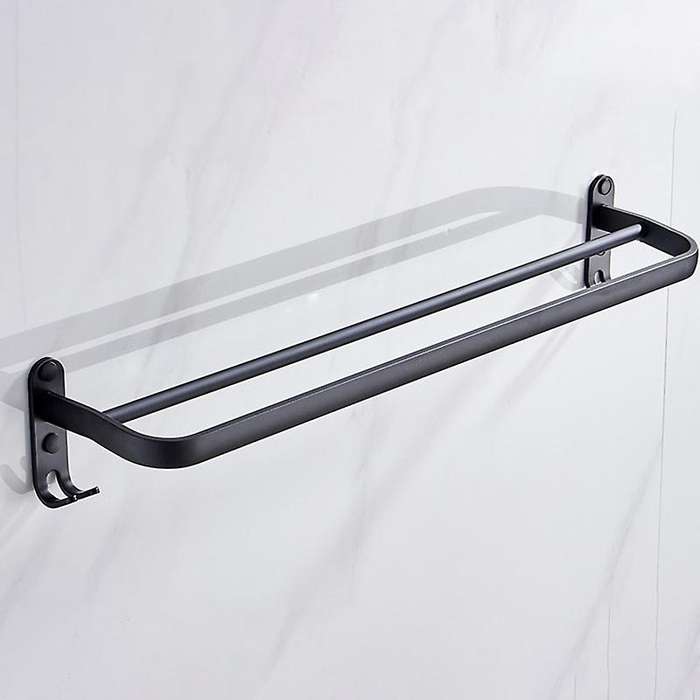 60 cm Wall Mount Black Towel Rack Aluminum Double Rod Towel Bar with Hook for Home Hotel Bathroom S