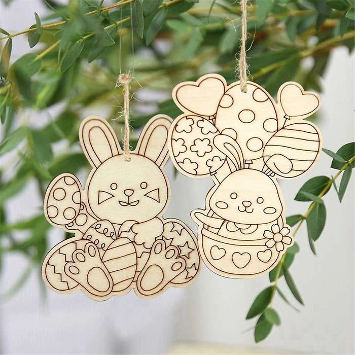 60PCS Wooden Rabbit Pendants Easter Egg Hanging Ornament for Happy Easter Home Party Decoration Kids