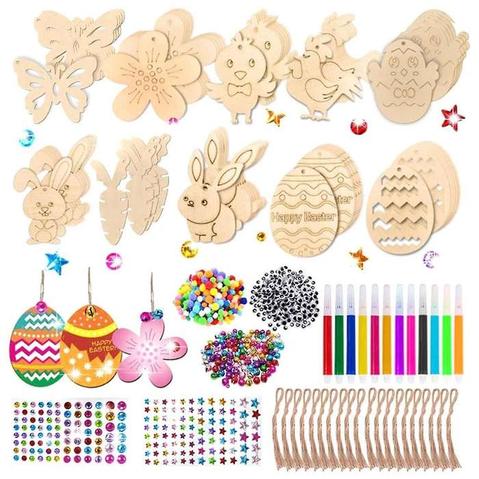 60pieces Easter Kids Crafts Wooden Ornaments Unfinished Crafts Hanging Embellishments Crafts for Kid