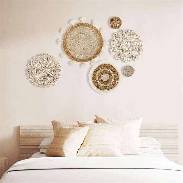 6pcs Boho Wall Basket Decor Set Woven Rattan Flat Baskets Wall Hanging Decor Handmade Tassels Flower