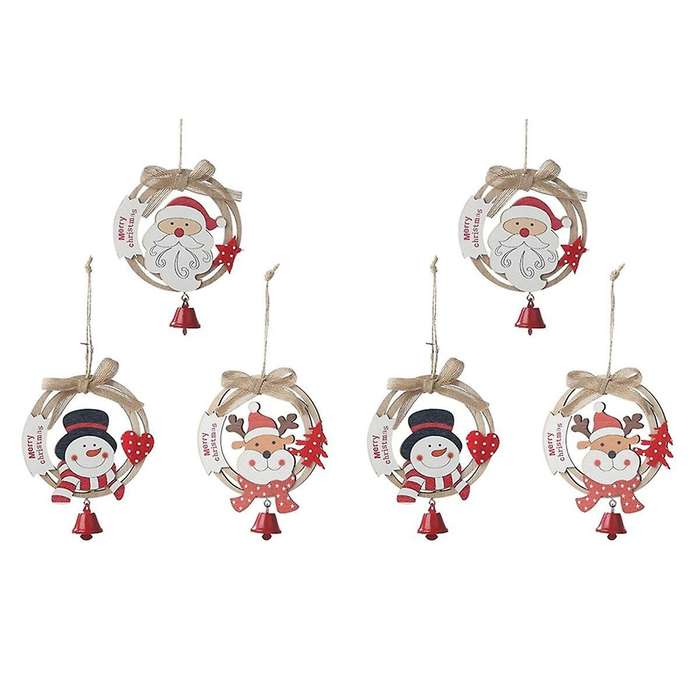 6Pcs Christmas Bells Hanging Wooden Christmas Tree Decorations Pendant Garland Bow Bells Wood Ring H