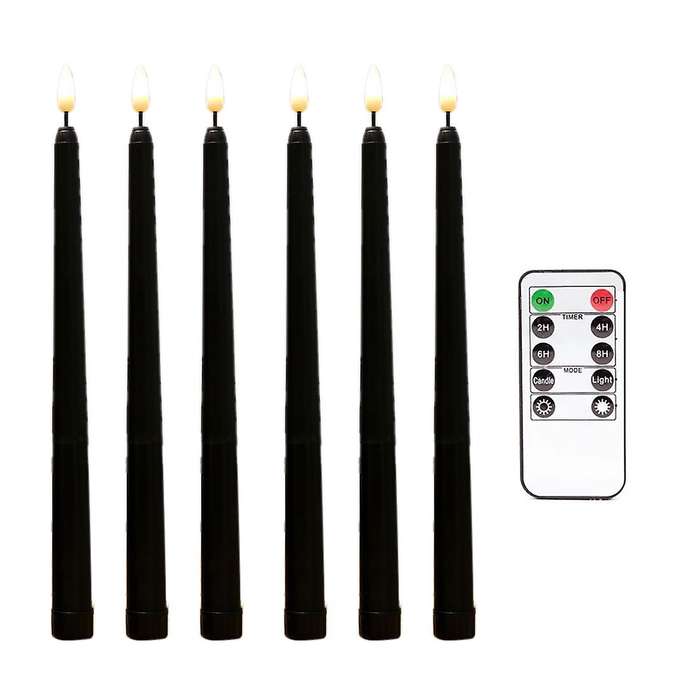 6pcs Flameless Black Taper Candles Flickering with 10-key Remote Timer, Battery Operated Led Candles