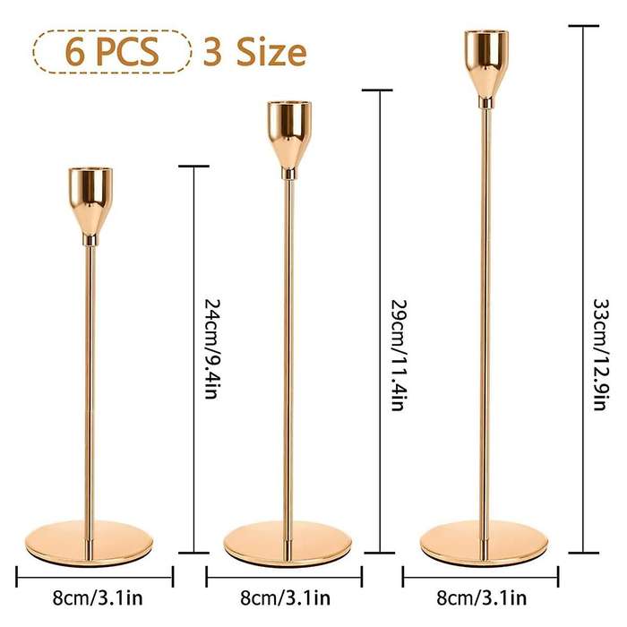 6pcs Gold Candle Holder for Taper Candles, Candlestick Holders Metal Tall Candle Stand for Taper Can