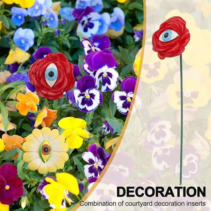 6PCS Resin Plant Eyes Stakes Novelty Rose Sunflower Green Leave Plant Garden Stakes Funny Floral Pla