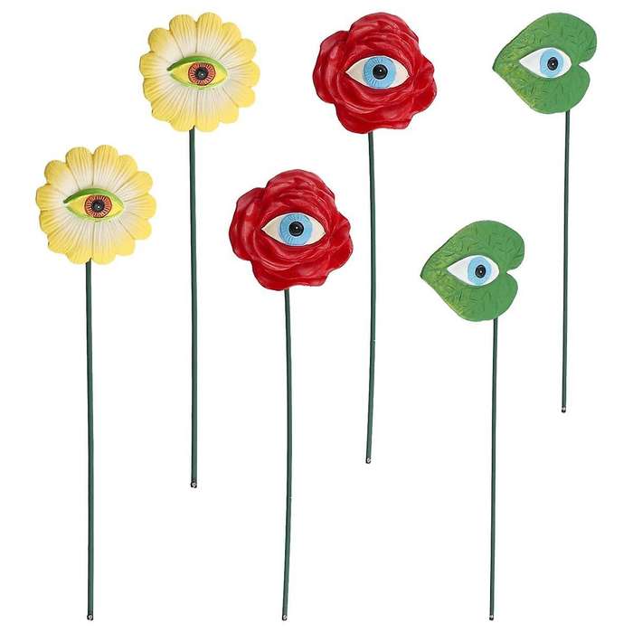 6PCS Resin Plant Eyes Stakes Novelty Rose Sunflower Green Leave Plant Garden Stakes Funny Floral Pla