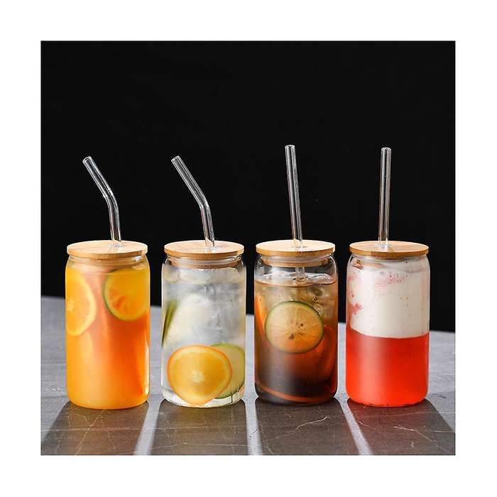 6pcs Set Drinking Glasses with 6 Bamboo Lids and 6 Glass Straws, 16oz Can Shaped Glass Cup, Clear I