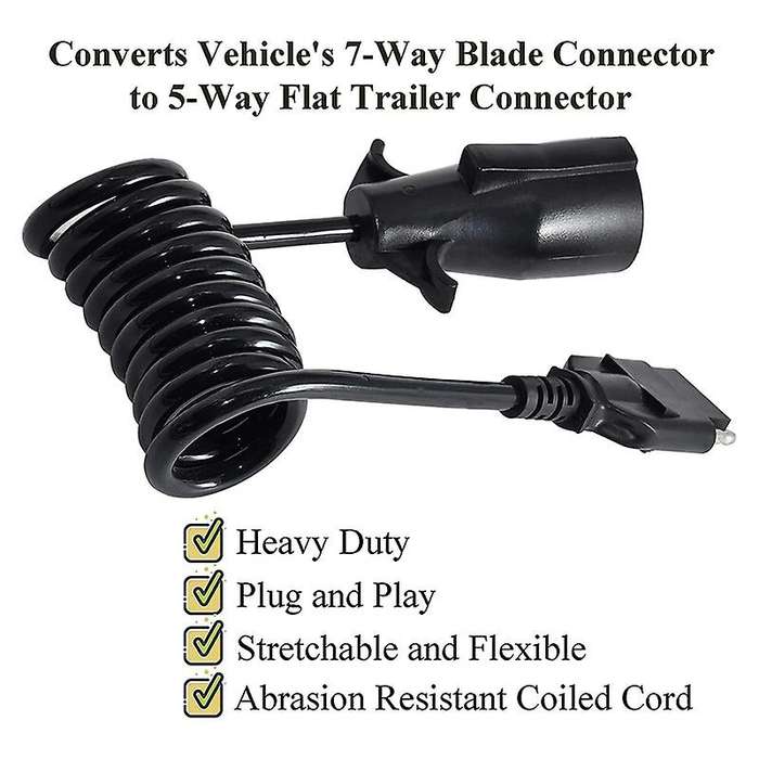 7 Way Round to 5 Way Flat Coiled Trailer Plug Adapter Plug & Play Trailer RV Blade Vehicle-Side Trai