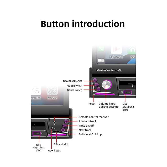 7inch Car Manual Telescopic Screen Wired Carplay Android Auto Car Portable Radio Bluetooth Mp5 Fm R