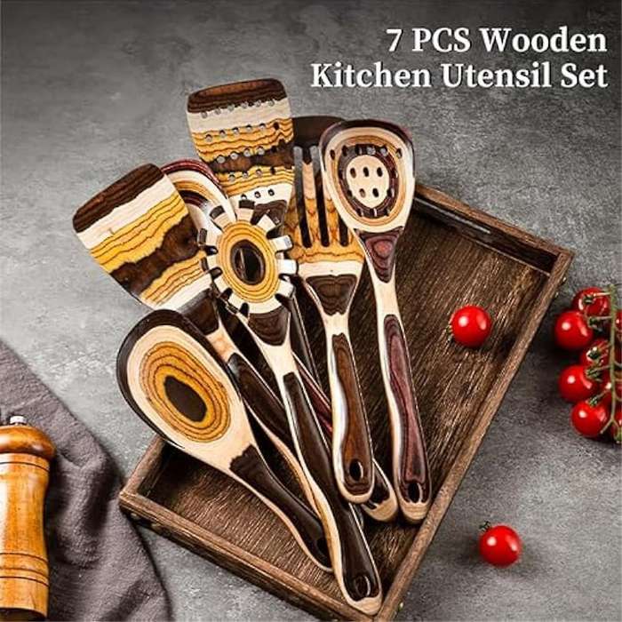 7pcs Pakkawood Utensils Set-durable, Eco-friendly, Wooden Spoon for Cooking, Wooden Utensil for Cook