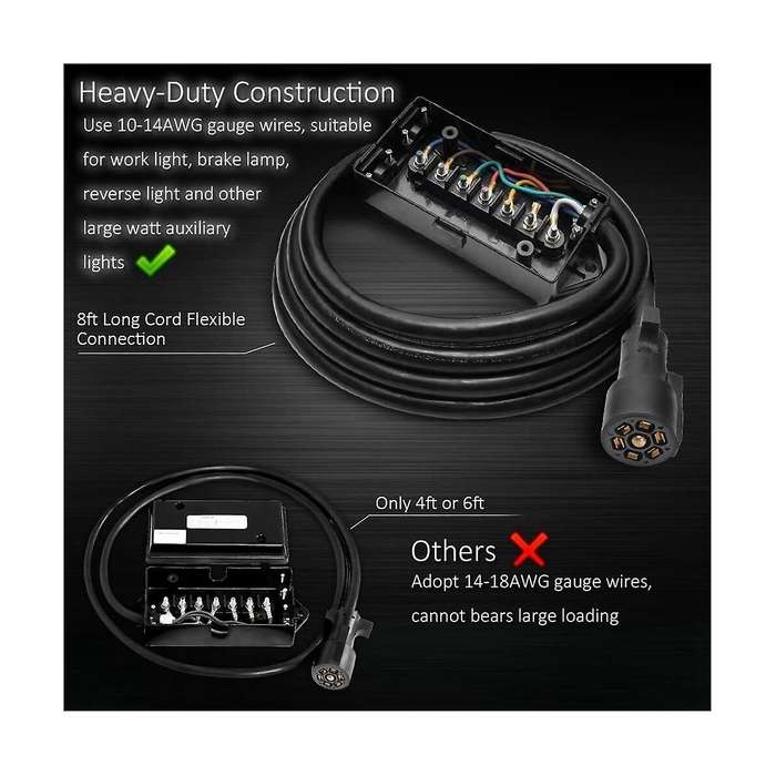 8 Foot 7 Pin Trailer Plug Wiring Harness 7 Way Rv Trailer Cord Wire with 7 Gang Waterproof Junction