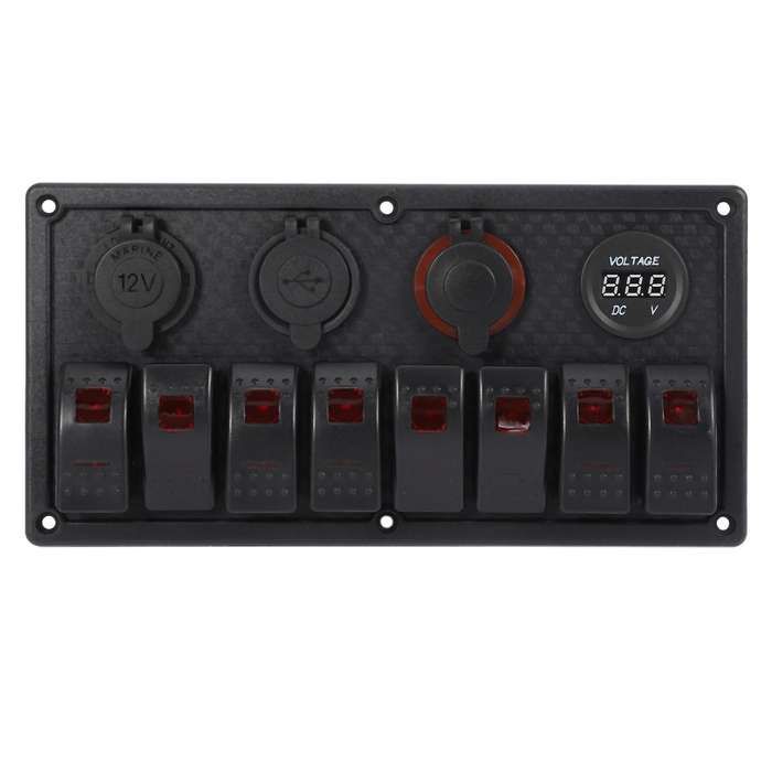 8 Gang Rocker Switch Panel Circuit Breaker Overload Protected Voltmeter 12V 24V DC USB Charger Port