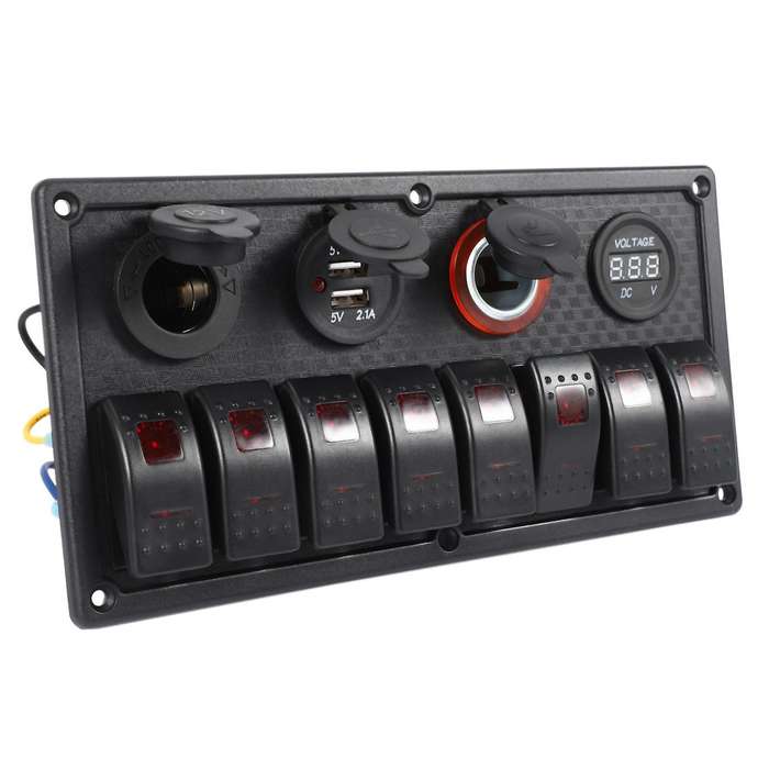 8 Gang Rocker Switch Panel Circuit Breaker Overload Protected Voltmeter 12V 24V DC USB Charger Port