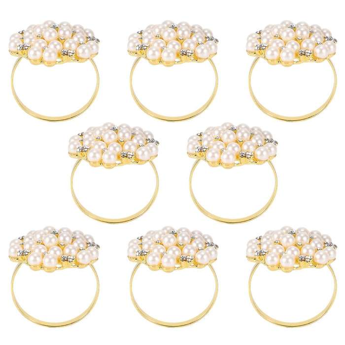 8 Pack Pearls Napkin Rings Exquisite Alloy Napkin Ring Napkin Buckle for Wedding, Dinner Party, Tab