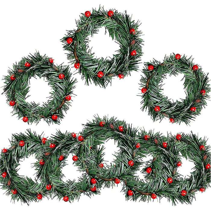 8 PCS Holly Berry Candle Ring Small Artificial Red Berries Pine Needles Wreath for Christmas Garland