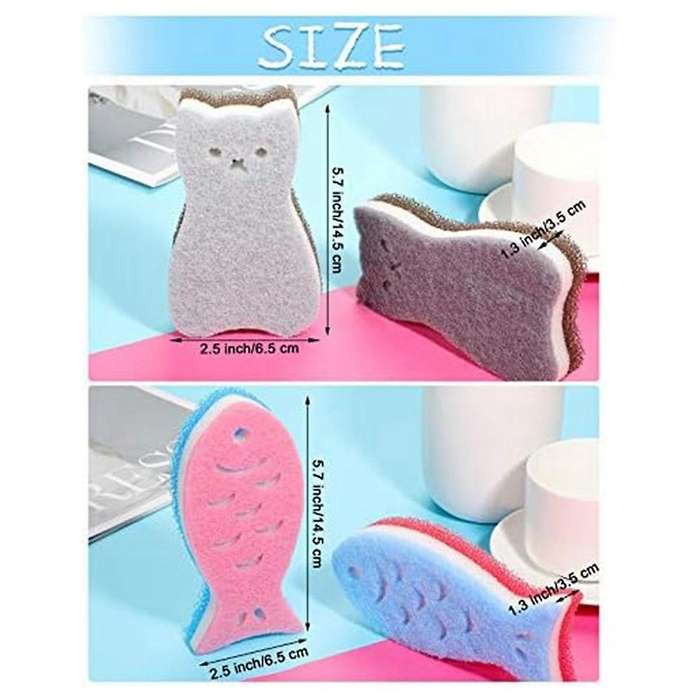 8 Pieces Kitchen Scrub Sponges Cats Fish Cleaning Sponge Dishwashing Scrubber Non-Scratch Multi-Use