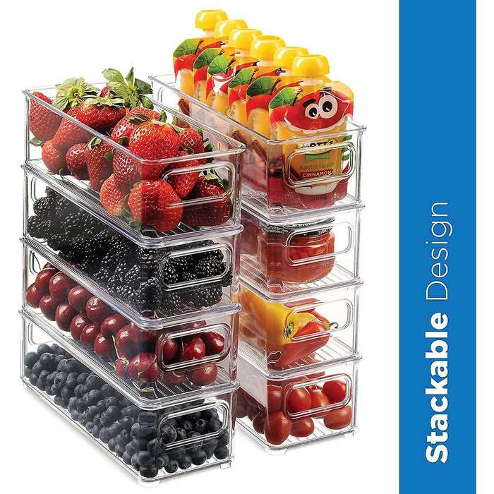 8 Stackable Plastic Food Storage Bins - Refrigerator Organizer with Handles for Pantry, Fridge, Fr